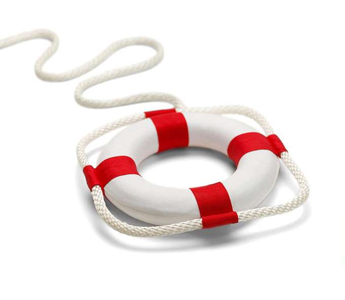 Red and white lifesaver ring with white rope attached